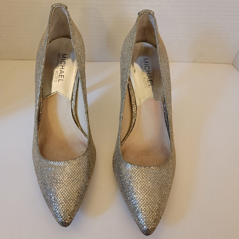 MICHAEL KORS Silver Sparkle High Heels PW14J Size 7M Glitter Womens Pumps